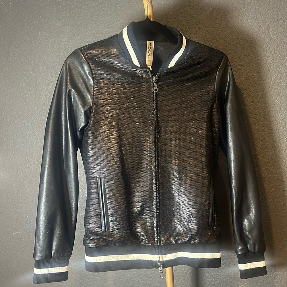 Black Vegan Leather & Sequin Varsity Jacket by Mural size XS